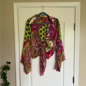 SHEIN Vibrant Multicolor Paisley Tie-Front Blouse